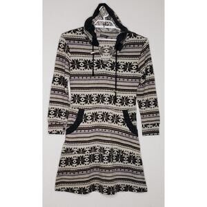 Earthbound Womens Sweater Dress Hooded Large Long Sleeve Brown Fair Isle Pockets